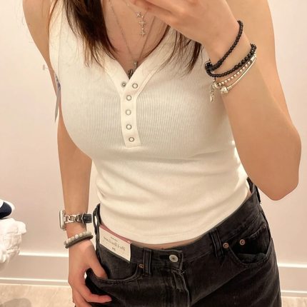 Hollister纯欲风经典螺纹V领纽扣吊带背心小海鸥女装无袖打底上衣