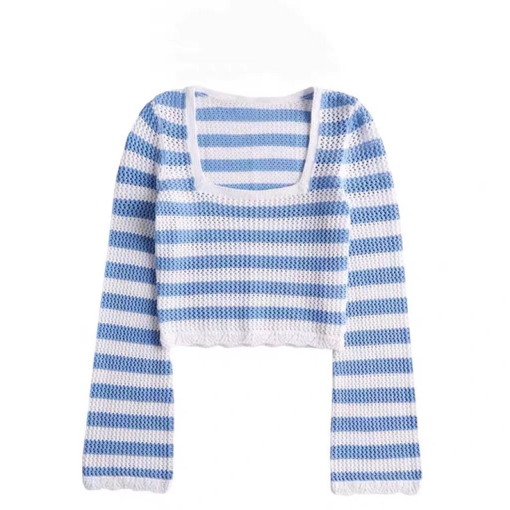 BM 风小海鸥春季新品喇叭袖条纹针织套头修身短款镂空上衣女