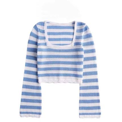 Hollister小海鸥春秋新品喇叭袖条纹针织套头修身短款镂空上衣女