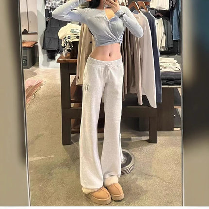 Hollister秋冬季小海鸥蝴蝶结刺绣百搭抓绒直筒运动裤休闲长裤女