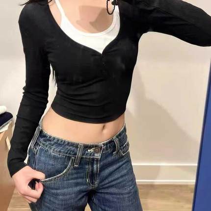 Hollister小海鸥秋冬美式修身显瘦套头假两件打底长袖T恤上衣女装