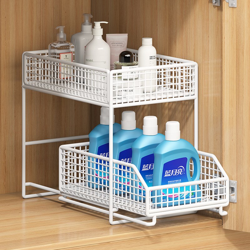 双层极窄卫生间下水槽置物架抽拉式夹缝浴室橱柜下收纳拉篮免安装