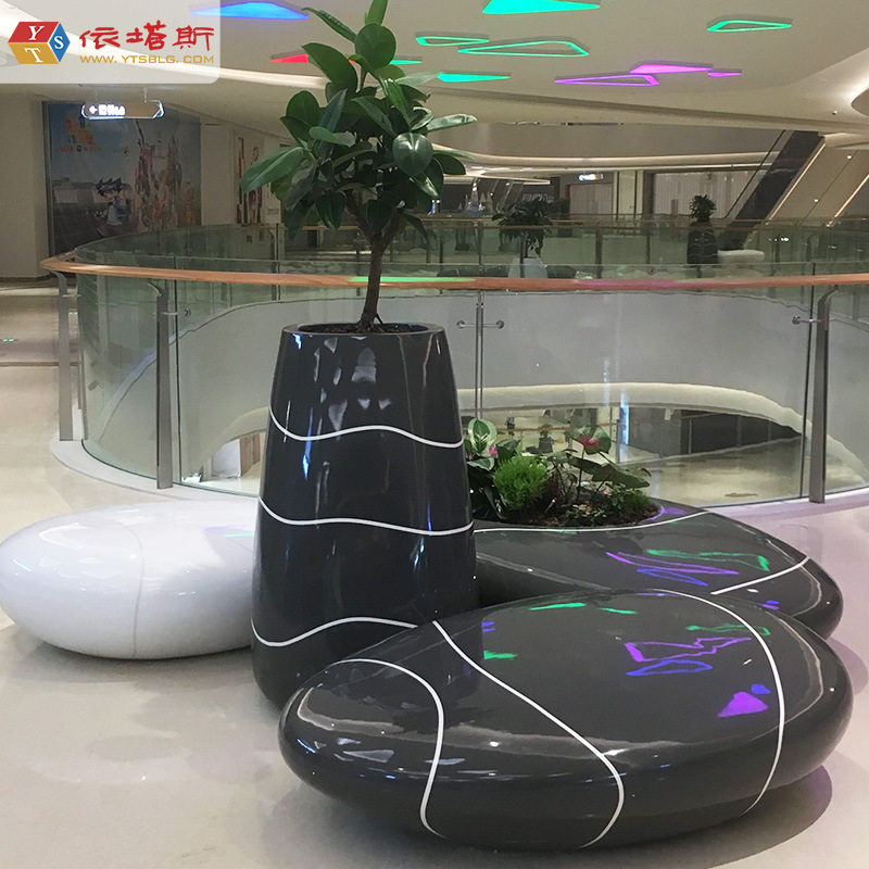 玻璃钢鹅卵石花盆坐凳商场景观园林酒店学校无骨架凳子现代简约