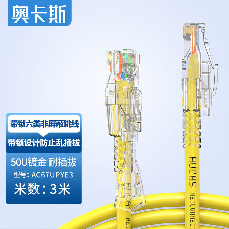 奥卡斯（AUCAS）六类防拔插带锁式成品跳线 CAT6无氧铜带涉密安全