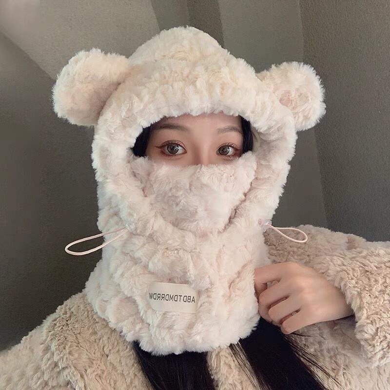 韩系可爱毛绒护耳三合一女加厚口罩围巾一体骑车保暖冬季小熊帽子