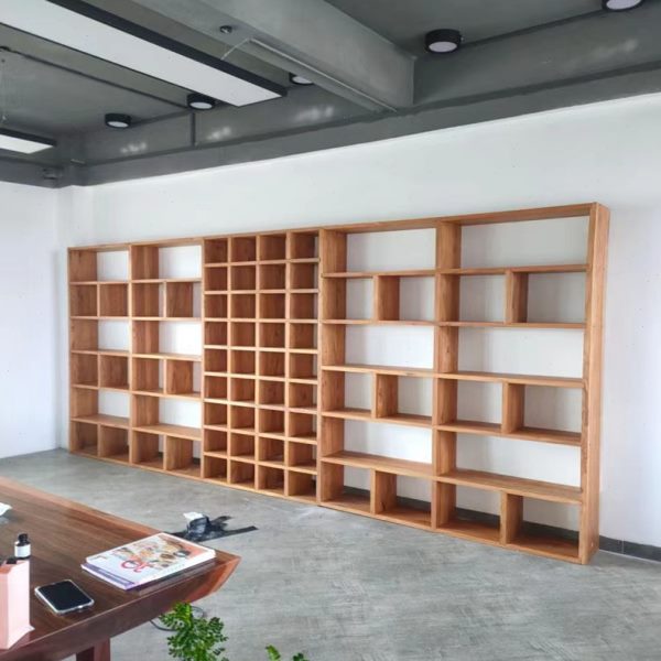 定制老榆木原木实木书架整墙置物陈列满墙书架吊柜格子落地大书架