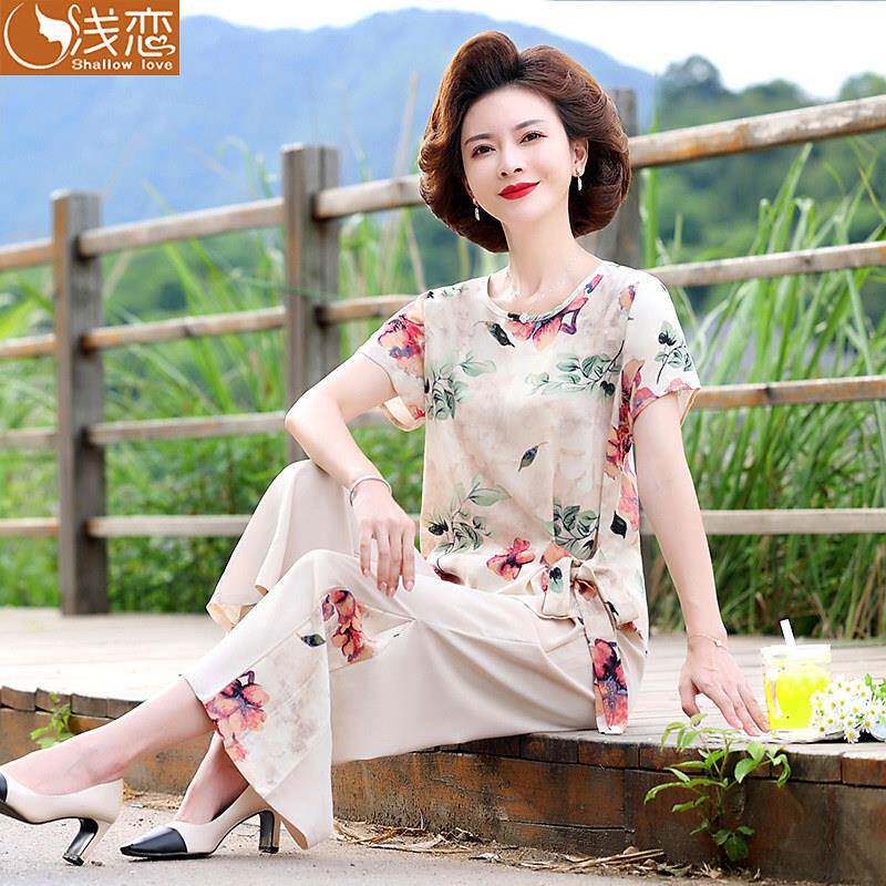 妈妈休闲短袖T恤中年女装夏装洋派上衣服2026新款中老年雪纺套装
