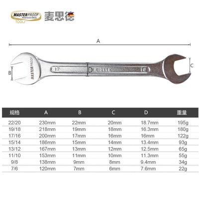 麦思双头呆扳手套装双头开口扳手组合汽修工具 公制 8件套
