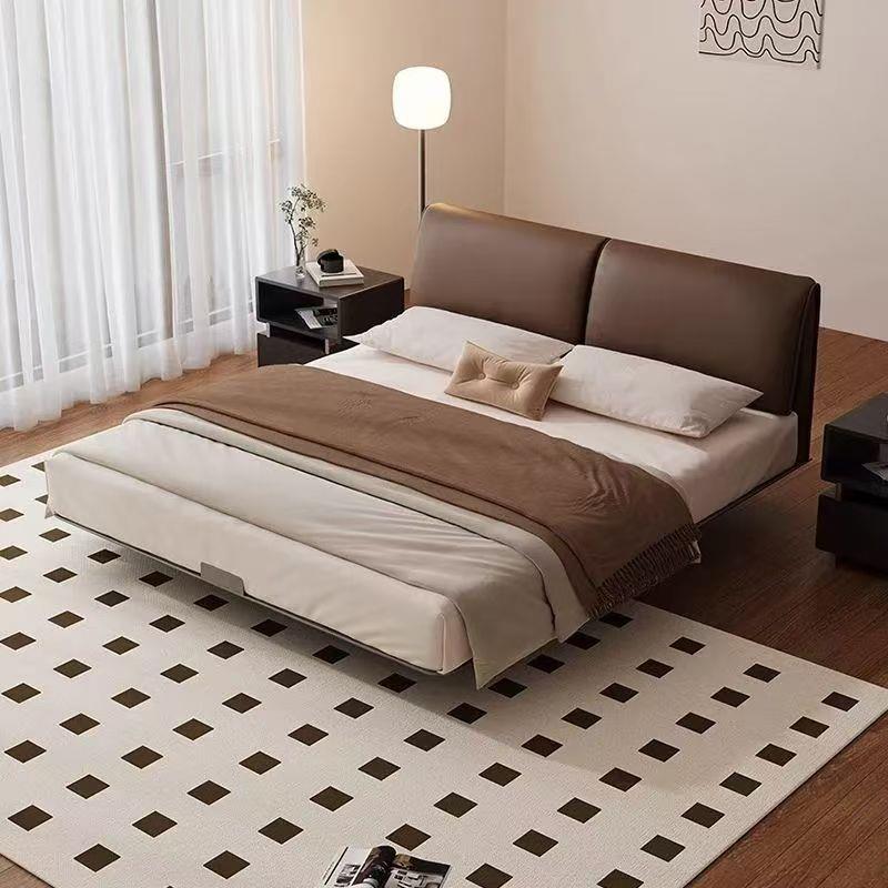 新款奶油大象碳素钢床架小户型主卧现代简约真皮齐边悬浮软包床头