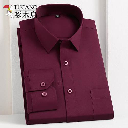 啄木鸟方领男士长袖衬衫酒红色