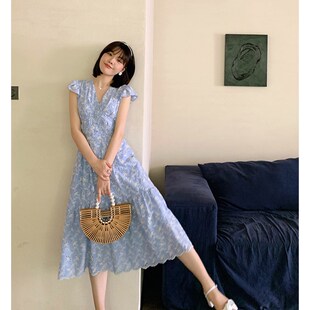 小气收腰桔长款 速发SRK 夏季 连衣裙202新款 裙 众质蓝色中梗法式