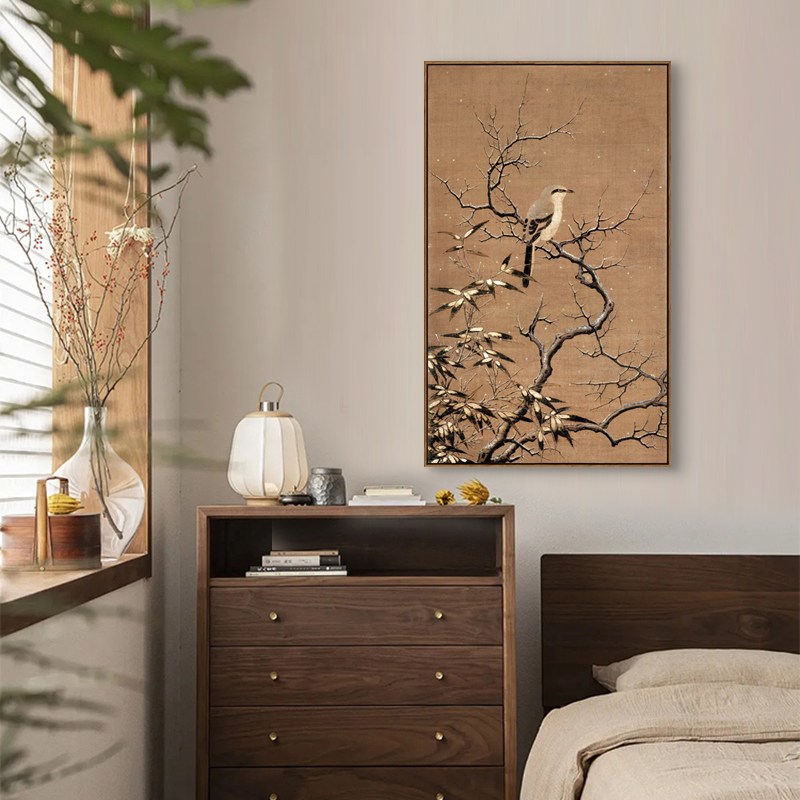 速发宋式美学花鸟挂画风客墙装饰画中式复古艺术感壁画雪树寒禽图