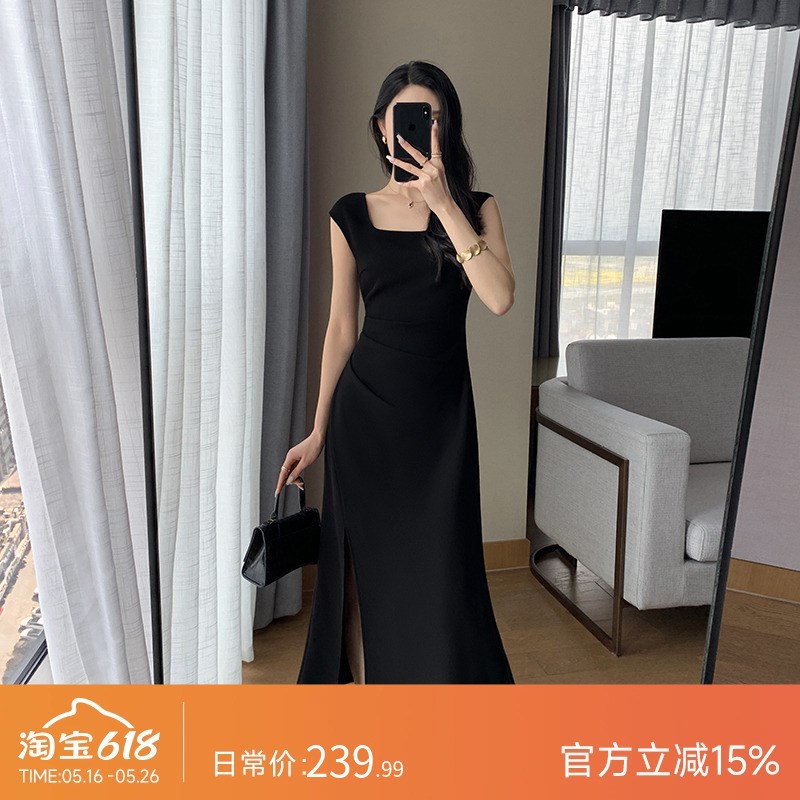 速发果哥家款色连衣裙2520黑方领法式收腰赫本风开叉长裙子