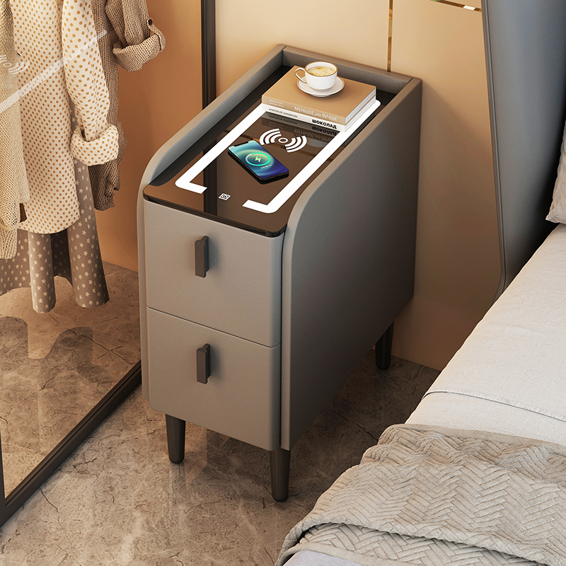 速发智能床头柜小型超窄床头置线架皮质约奢简轻无物充电床边柜