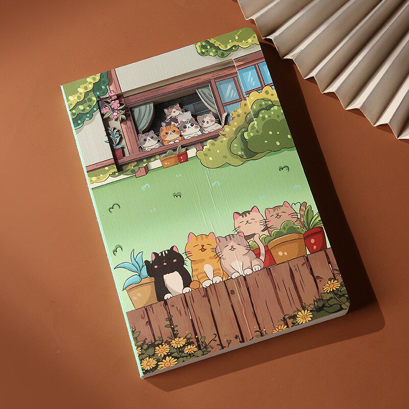 速发可爱猫咪彩色插画记事本学生日记立体镂空纸雕本