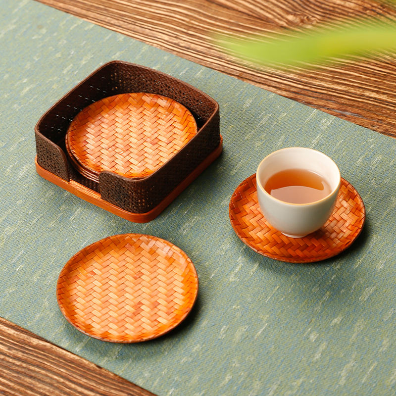 速发大漆竹席隔垫垫套装纯手工竹编杯托家用茶热杯子禅意茶垫组合