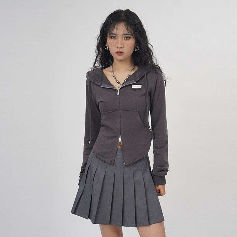 速发外妹设计感连帽辣套双拉链短款卫衣开衫灰色上衣潮