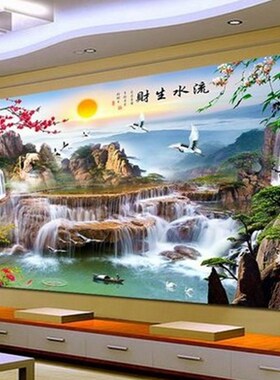 速发画满钻客财山水风圆图5D新款景钻砖石流水生厅点贴