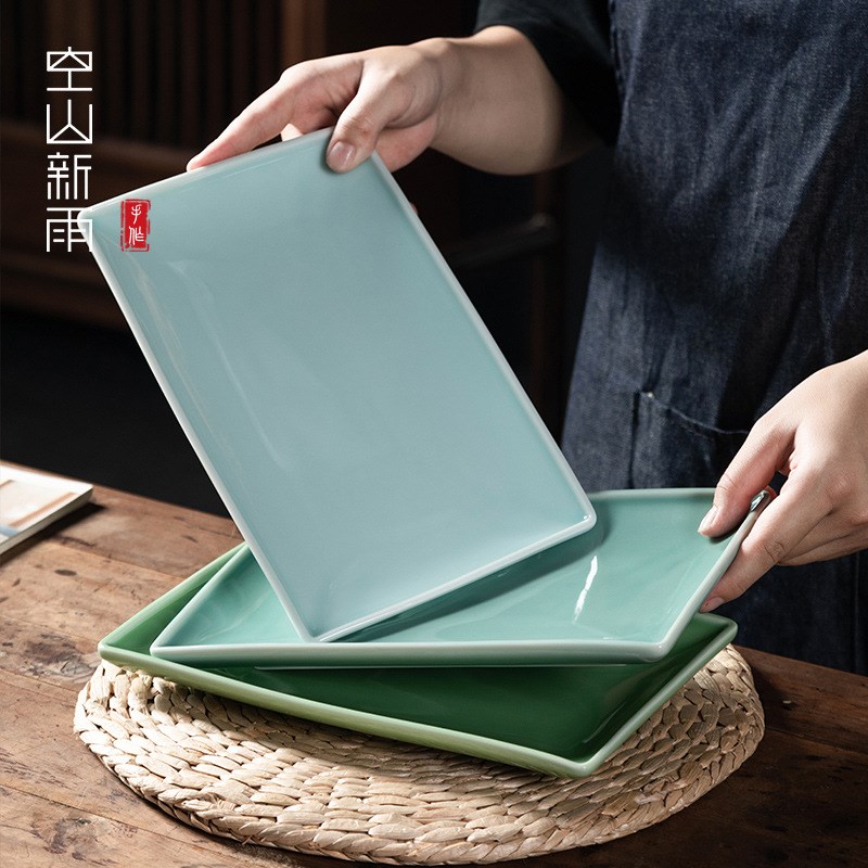 速发排龙泉青瓷菜盘子家用方陶盘骨碟 形瓷创意鱼盘西餐