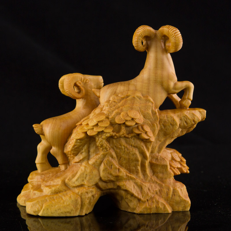 小叶黄杨实木雕刻手工艺品创意家居办公装饰品生肖羊摆件三阳开泰