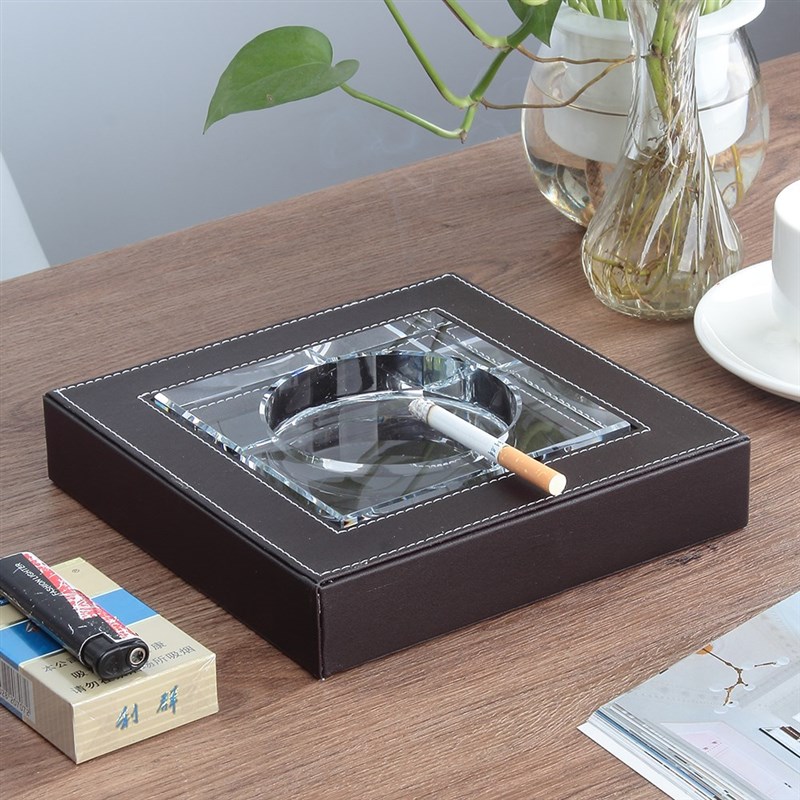 商务欧式皮革装饰水晶菸灰缸大小号家居办公室菸缸创意LOGO定制