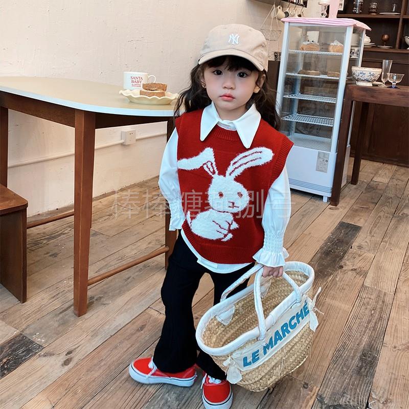 春秋季女童韩版洋派小兔子马甲+长袖衬衫+黑色喇叭裤三件套syxl