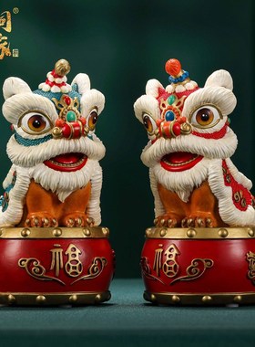 黄铜醒狮舞狮摆件一对中式家居客厅办公室开业新年装饰品国潮礼品