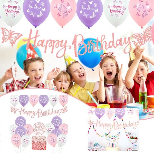 Pink Butterfly Theme Girl Birthday Party Decoration Set