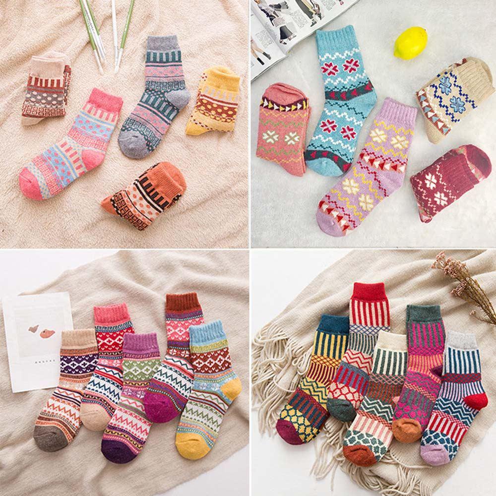 5 Pairs Lot Pack Set Women Socks Winter Retro Wool Socks Thi