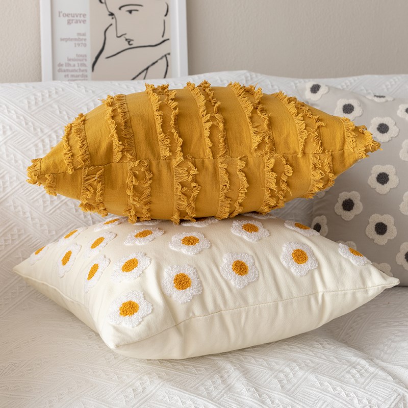 素雅流苏绣花腰枕抱枕靠垫卧室床上花朵靠枕套样板房沙发装饰靠背