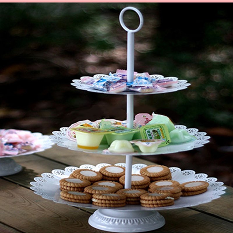 镂空铁艺蕾丝花边蛋糕架 欧式婚庆点心糖果盘子 白色三层甜品摆台