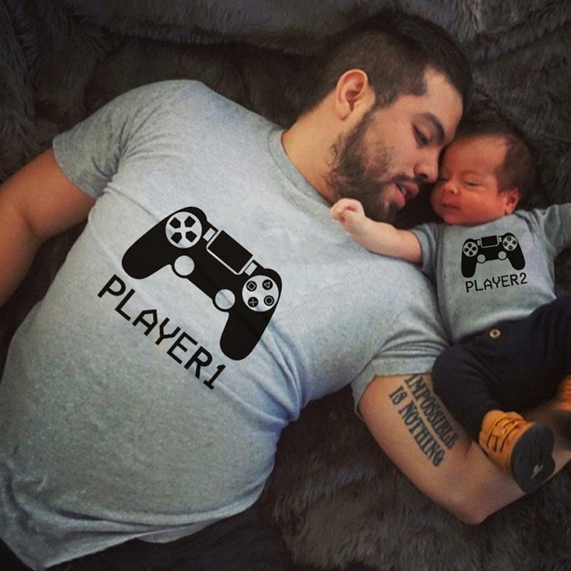 .1pc Player 1 Player 2 Funny Father Son Look Tshirt Summer S
