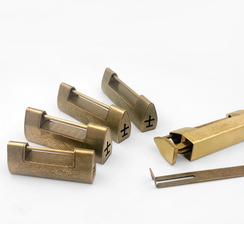 仿古中式门锁铜箱锁横开挂锁小锁头古董黄铜老式古代木箱复古