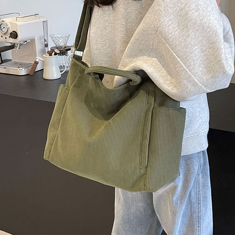 条绒帆布包女2025新款大容量手提袋单肩通勤包百搭上课斜挎托特包