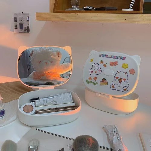 ins风梳妆台镜子折叠化妆镜女带收纳盒学生宿舍台式桌面家用小型