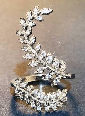 -Ladies Diamond Rings Electroplating White Gold Leaf Open Ri