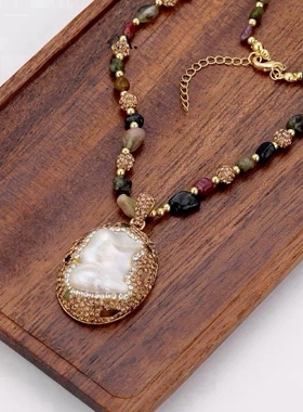 天然巴洛克异形项链法式新款毛衣炼个性镶嵌坠链时尚