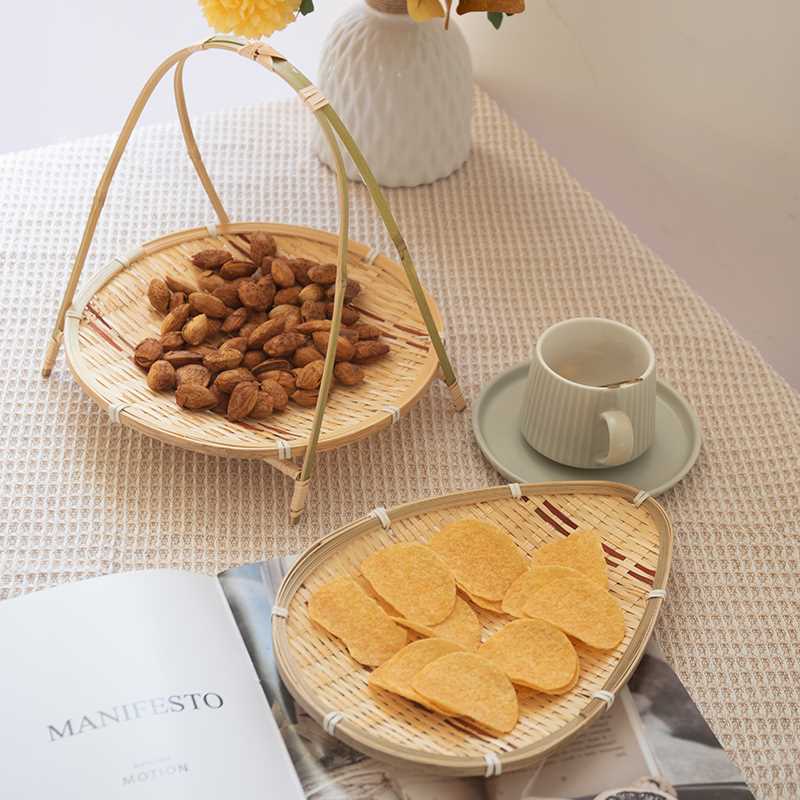 手工编织竹编竹制品农家圆形簸箕小筛子托盘提手竹盘水果点心零食