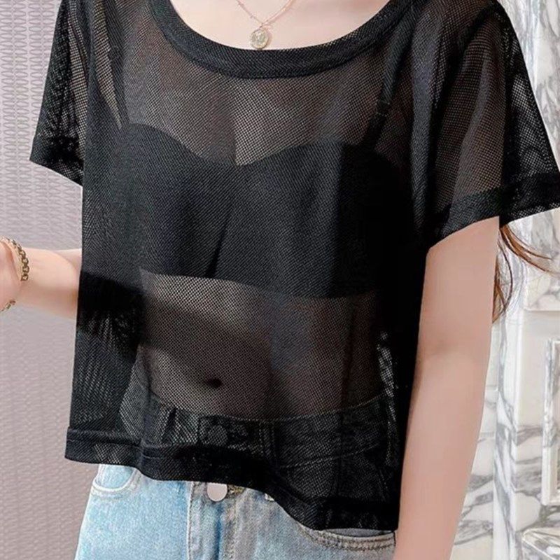 胖MM短款网纱300斤大码女夏薄款吊带裙外搭罩衫短袖上W衣透视t恤,女装/女士精品,蕾丝衫/雪纺衫,淘宝优惠券,粉丝福利购,淘宝优惠卷