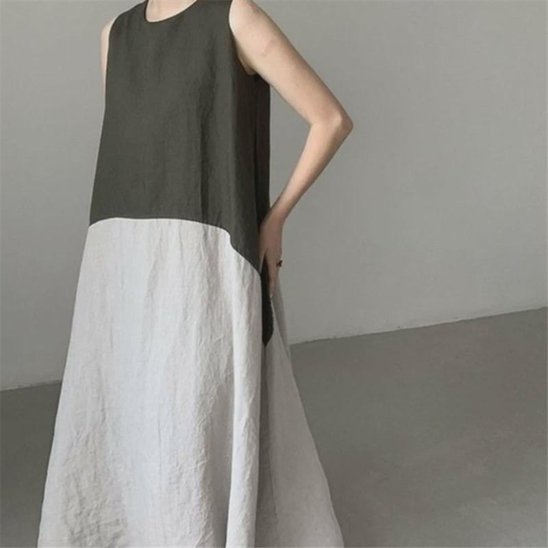 无袖垂坠感长裙女夏宽松大码超长款大摆I亚麻棉麻铜氨丝背心连衣