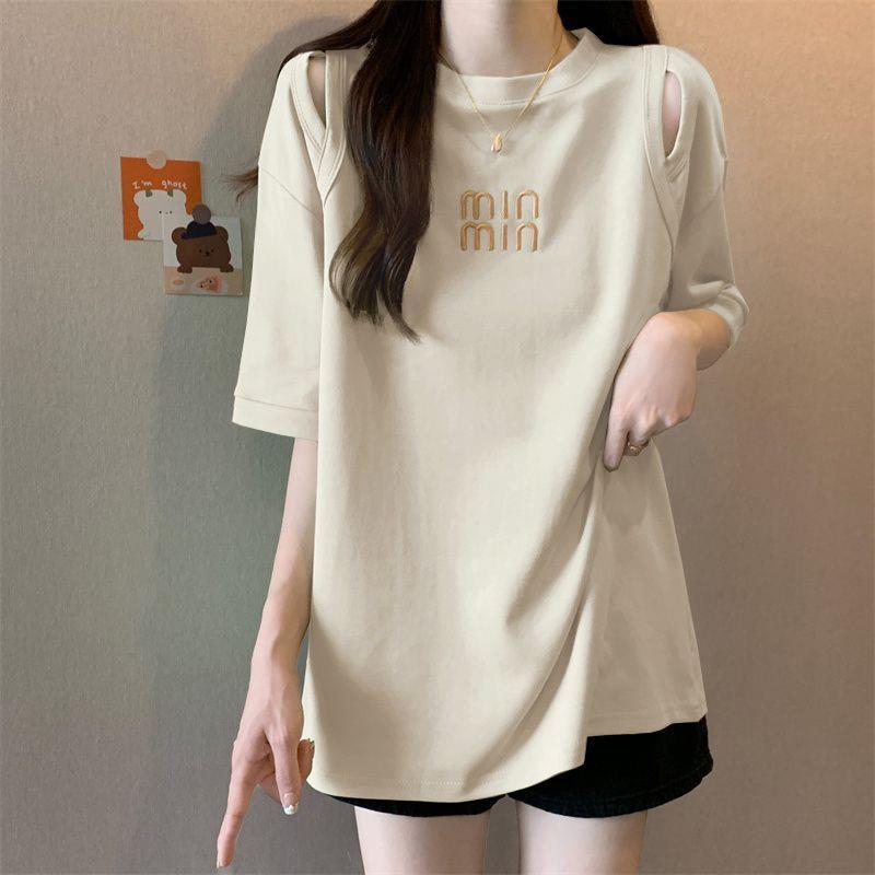镂空短袖恤女夏季新款韩版中长款设计感打底衫大码显瘦刺绣上衣