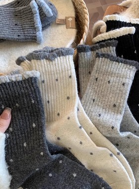 波点绒毛袜子女秋冬季灰色中筒袜加厚保暖绒棉袜潮流花边长筒袜