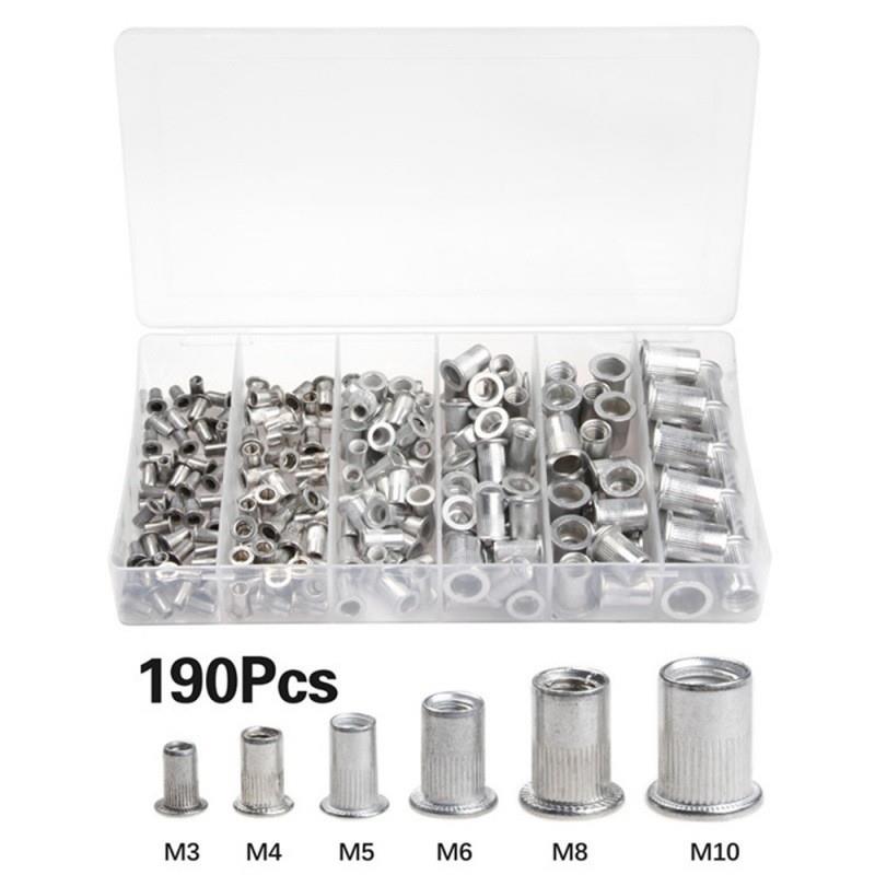 适配跨境货源 190PCS铝制条纹拉铆螺母 平头竖纹滚花铆螺母M3-M10