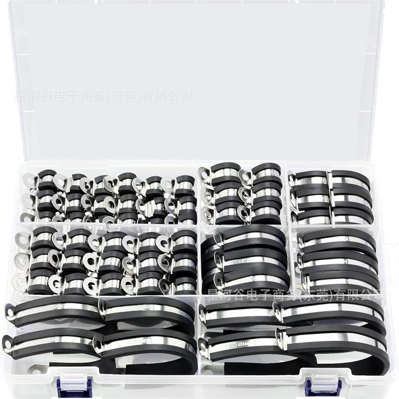 适配跨境100PCS盒装304不锈钢连胶条卡箍管夹R型骑马卡电线电缆固