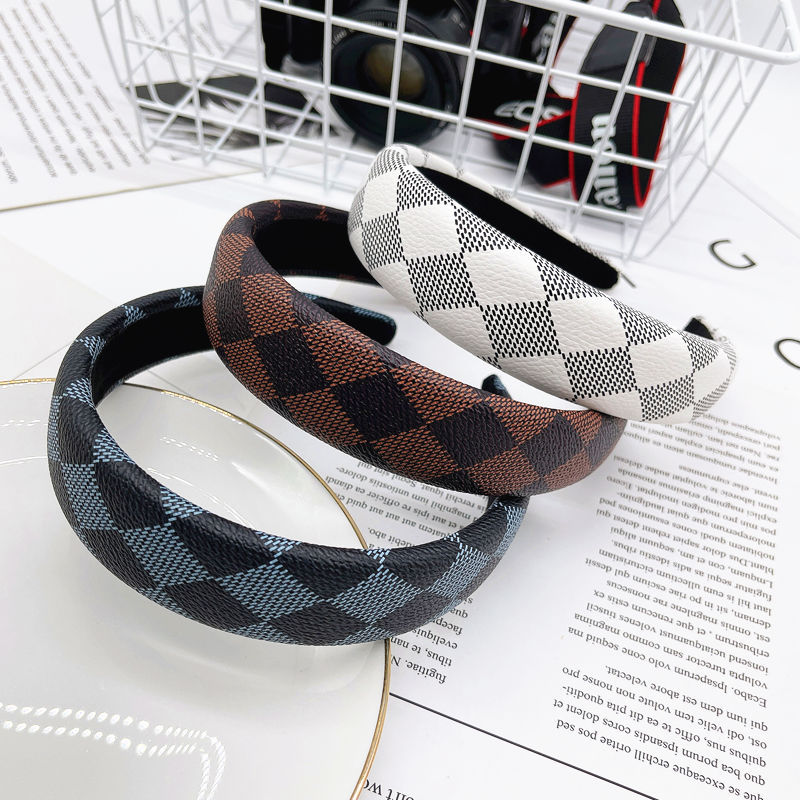 New Korean PVC leather hair accessories chessboard lattice