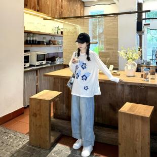 宽松中长款 BYBUY 新款 韩系白色印花长袖 休闲上衣女 t恤女2025秋季