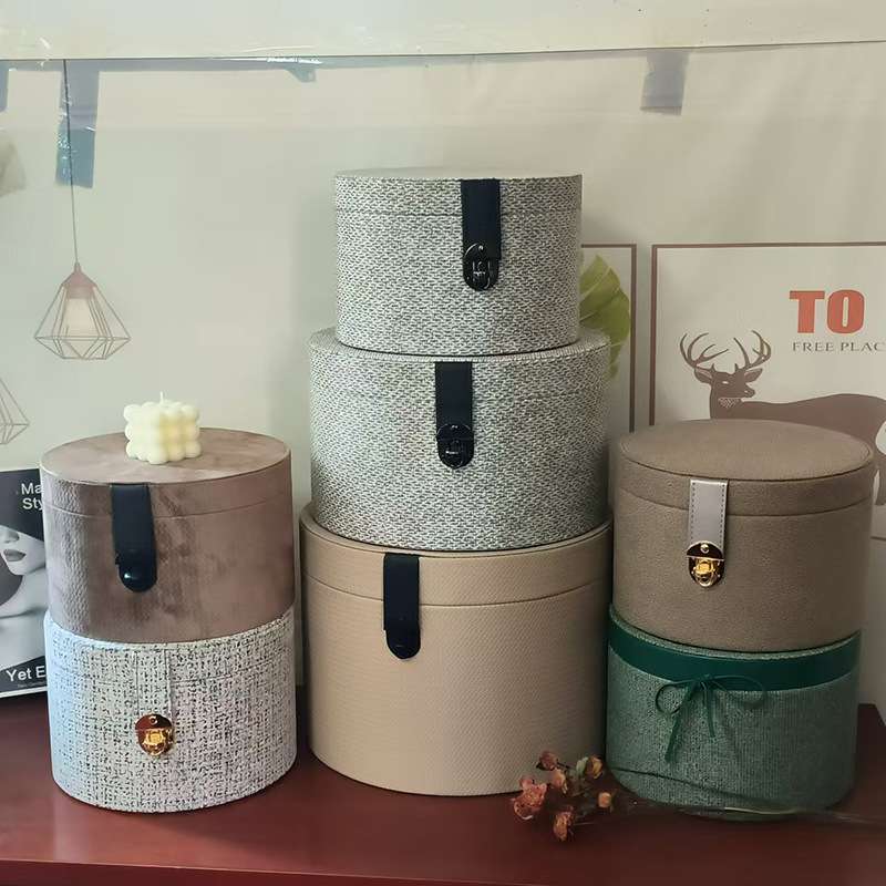 轻奢高档皮革编织首饰收纳桶样板房展厅衣帽间卧室圆形装饰盒摆件