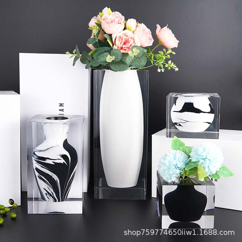 高级感轻奢铂晶亚克力透明家居家饰客厅水晶摆件鲜花装饰水彩花瓶