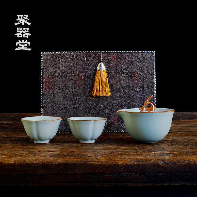 聚器堂天青汝窑可养开片一壶两杯盖碗单个不烫手大号泡茶壶手抓壶