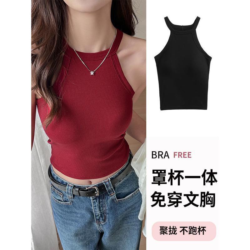 红色挂脖吊带背心女春夏季爆款带胸垫式性感辣妹无袖内搭打底上衣